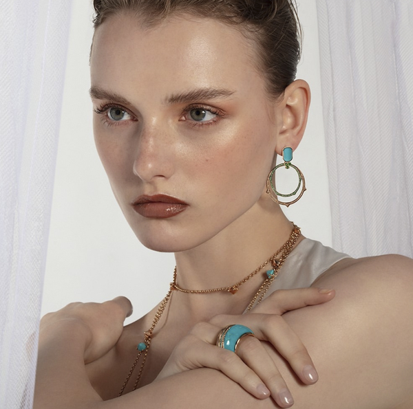 Boucles d'oreilles Eve_r Modular Or rose Diamants bruns Tsavorites Turquoise