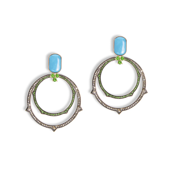 Boucles d'oreilles Eve_r Modular Or rose Diamants bruns Tsavorites Turquoise