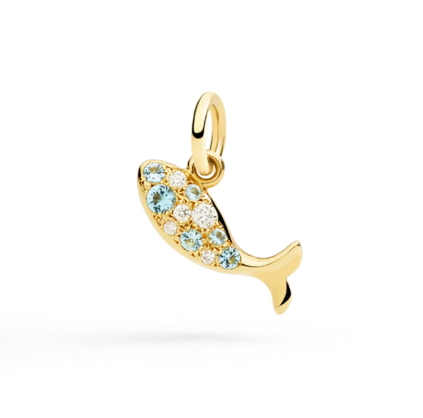 Poisson or jaune 18k topazes bleus ciel et diamants blancs