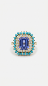Bague or jaune Tanzanite turquoises et diamants
