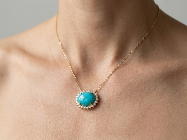 Collier pendentif Or jaune Turquoise et Diamants brillants