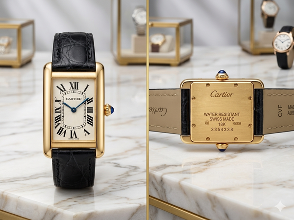 Montre Tank américaine en or 750/1000, bracelet cuir