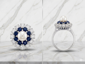 Bague en or blanc 750/1000 perle 0,36 ct dts 0,24 ct saphir . Poids du bijou 3,41 grs