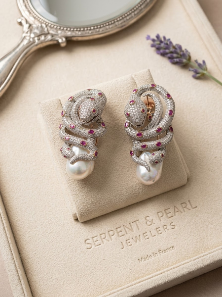 Boucles d’oreilles Serpents Or rose 14 kt, Rubis, Diamants et Perles Keshi