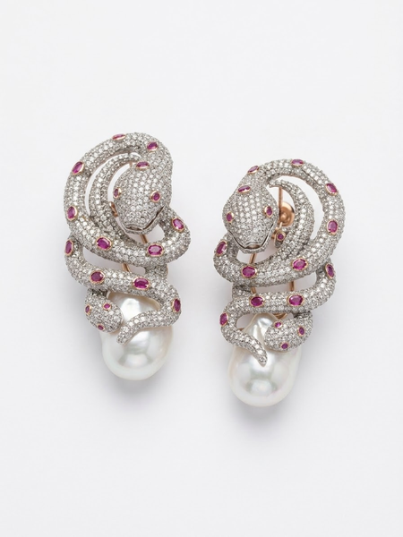 Boucles d’oreilles Serpents Or rose 14 kt, Rubis, Diamants et Perles Keshi