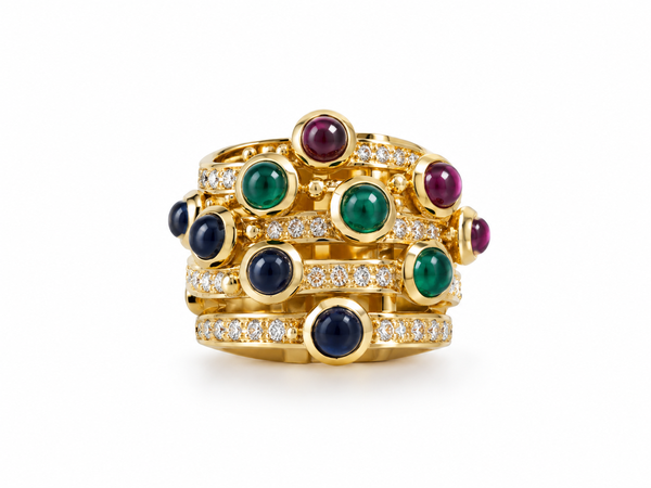 Bague 5 lignes Or jaune, cabochons Saphir Rubis Émeraude