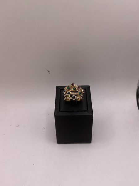 Bague 5 lignes Or jaune, cabochons Saphir Rubis Émeraude
