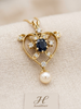 Pendentif Breloque Or jaune en forme de cœur,  Saphir, Diamants et Perle