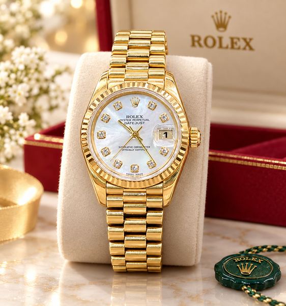 Montre Rolex femme Date just Or jaune 750/1000 Diamants et Nacre